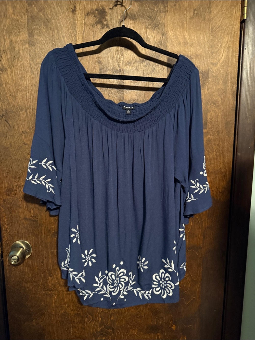 torrid Navy Peasant Off-Shoulder Top with White Floral Embroidery
